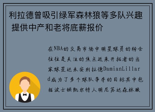 利拉德曾吸引绿军森林狼等多队兴趣 提供中产和老将底薪报价